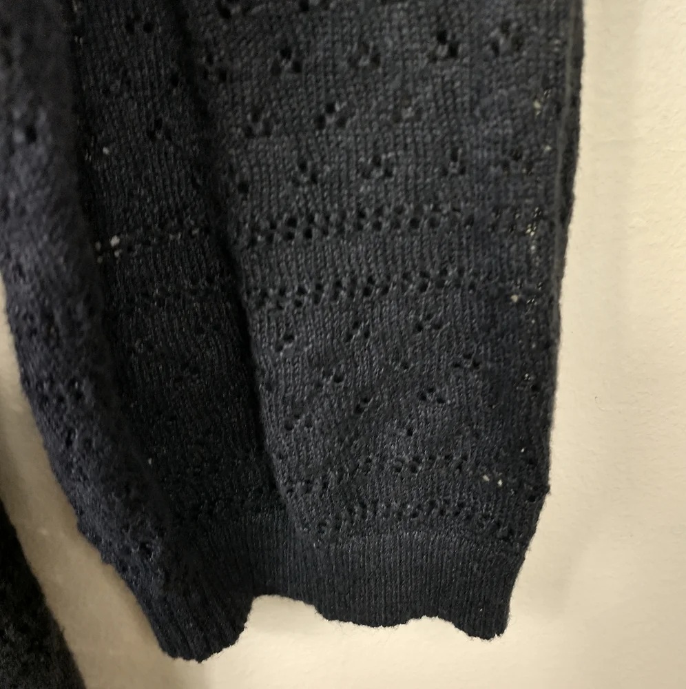 Uniqlo Womens Cardigan Sweater Black XL Linen Blend Open Front Knit Eyelet Long - Picture 4 of 8